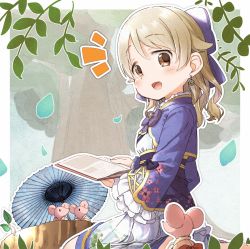 Rule 34 | 1girl, :d, blue jacket, blue umbrella, blush, book, bow, brown eyes, brown hair, chinese zodiac, commentary request, cropped jacket, dress, earrings, floral print, from behind, hair between eyes, hair bow, holding, holding book, idolmaster, idolmaster cinderella girls, idolmaster cinderella girls starlight stage, jacket, jewelry, long hair, long sleeves, looking at viewer, looking back, morikubo nono, mouse (animal), notice lines, oil-paper umbrella, open book, open clothes, open jacket, open mouth, petals, print jacket, print umbrella, purple bow, sitting, smile, solo, tree, tree stump, umbrella, wariza, white dress, wide sleeves, year of the rat, yukie (kusaka shi)