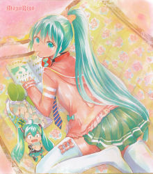 Rule 34 | 2girls, aqua eyes, aqua hair, book, chibi, couch, eating, hatsune miku, headphones, headphones around neck, long hair, looking at viewer, looking back, mayo riyo, mouth hold, multiple girls, necktie, open mouth, ponytail, project diva, project diva (series), project diva f, skirt, spring onion, thighhighs, traditional media, very long hair, vocaloid