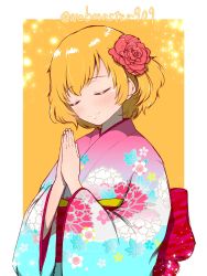 Rule 34 | 1girl, akiyama yukari, alternate costume, alternate hair color, aqua kimono, bad id, bad pixiv id, blonde hair, closed eyes, closed mouth, commentary, facing to the side, floral print, flower, girls und panzer, hair flower, hair ornament, highres, japanese clothes, katsuragi (webmaster909), kimono, light blush, light particles, long sleeves, messy hair, multicolored clothes, multicolored kimono, obi, one-hour drawing challenge, outside border, own hands together, pink kimono, praying, print kimono, red flower, sash, short hair, smile, solo, standing, twitter username, wide sleeves, yellow background
