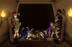 Rule 34 | 3girls, bandages, bdsm, blue hair, bondage, bound, gag, hand on breast, highres, indoors, multiple girls, mummification, mummy, peril, purple hair, red hair, sarcophagus, table, torch