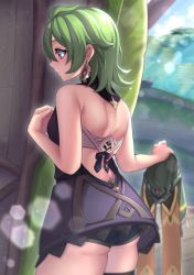 Rule 34 | 1girl, absurdres, ass, backless dress, backless outfit, bare arms, bare shoulders, black dress, black shorts, blue sky, bra, collei (genshin impact), commentary request, cowboy shot, day, dress, earrings, genshin impact, green hair, highres, holding, jewelry, kirima (user danf8787), lens flare, profile, purple eyes, short dress, short hair, shorts, shorts under dress, sky, sleeveless, sleeveless dress, solo, standing, thighs, underbutt, underwear