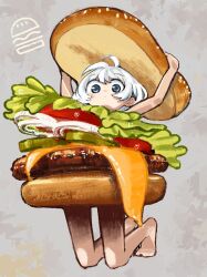 Rule 34 | 1girl, absurdres, ahoge, arms up, barefoot, blue eyes, bread, burger, burger costume, cheese, closed mouth, dolphilia, dot mouth, food, food costume, grey background, highres, kneeling, lettuce, looking at viewer, meat, no nose, no pants, onion, original, sesame seeds, short hair, solo, tomato, tomato slice, white hair