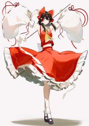 Rule 34 | 1girl, arms up, bare shoulders, black footwear, bow, brown eyes, brown hair, closed mouth, collar, detached sleeves, frills, full body, gohei, hair between eyes, hair tubes, hakurei reimu, hands up, highres, ikasoba, long sleeves, looking at viewer, red bow, red skirt, red vest, shadow, shoes, short hair, simple background, skirt, smile, socks, solo, standing, touhou, vest, white background, white bow, white collar, white sleeves, white socks, wide sleeves, yellow neckwear