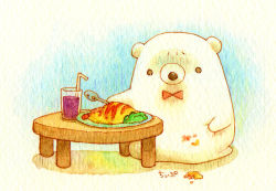 Rule 34 | bear, bow, bowtie, cup, drinking glass, drinking straw, food, grape juice, holding, holding spoon, juice, no humans, omelet, omurice, original, plate, polar bear, red bow, red bowtie, sitting, spoon, st.kuma, table