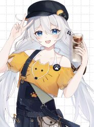 Rule 34 | 1girl, :d, arm up, bare shoulders, black hat, blue eyes, blue nails, cabbie hat, collarbone, crop top, cup, dotted line, drinking glass, grey hair, hair between eyes, hair ornament, hairclip, hat, highres, holding, holding cup, honkai (series), honkai impact 3rd, kiana kaslana, long hair, low twintails, nail polish, off-shoulder shirt, off shoulder, open mouth, overalls, puffy short sleeves, puffy sleeves, shirt, short sleeves, smile, solo, tdatnst, twintails, very long hair, white background, yellow shirt
