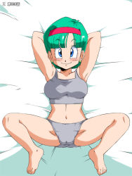 Rule 34 | 1girl, alternate hairstyle, amedama akihito, armpits, arms up, barefoot, bed, blue eyes, blush, bra, breasts, bulma, cameltoe, closed mouth, dragon ball, dragonball z, earrings, feet, female focus, from above, full body, green hair, grey panties, groin, hairband, jewelry, legs, looking at viewer, lying, medium breasts, midriff, navel, old school academy, panties, red hairband, short hair, smile, solo, spread legs, stud earrings, tank top, thighs, toes, underwear, white background