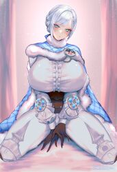 Rule 34 | 1girl, absurdres, akershus fortress (oshiro project), badge, black corset, black gloves, blue bow, blue cape, blue cloak, blue eyes, blush, bodysuit, bow, braid, breasts, buttons, cape, center frills, cloak, commission, corset, curtains, fluff, frilled shirt, frills, full body, fur-trimmed cape, fur-trimmed cloak, fur trim, glint, gloves, grey hair, hair bow, hair ornament, highres, huge breasts, jewelry, long sleeves, looking at viewer, milk4290, oshiro project:re, padded cloak, puffy long sleeves, puffy sleeves, shirt, sitting, skeb commission, solo, swept bangs, thick lips, thick thighs, thighs, tight clothes, white bodysuit, white shirt