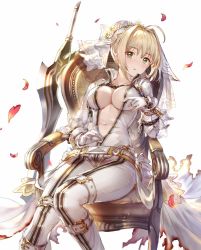 Rule 34 | 10s, 1girl, 77gl, belt, blonde hair, blush, breasts, burnt clothes, center opening, chain, chair, collarbone, fate/extra, fate/extra ccc, fate (series), flower, gloves, green eyes, hair flower, hair intakes, hair ornament, impossible clothes, lock, navel, nero claudius (bride) (fate), nero claudius (fate), nero claudius (fate), pants, petals, rose petals, sitting, solo, sword, unzipping, veil, weapon, white background, white pants, zipper