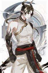 Rule 34 | 1boy, arknights, bare shoulders, black hair, black sash, chong yue (arknights), clenched hands, closed eyes, commentary request, cowboy shot, grey pants, grey shirt, highres, horns, long hair, male focus, pants, pointy ears, sash, shirt, sleeveless, sleeveless shirt, solo, standing, tail, zuo daoxing