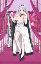 Rule 34 | 1girl, aqua nails, bare shoulders, battle rifle, black choker, black footwear, blush, bolt action, breasts, bridal veil, choker, cleavage, closed mouth, collarbone, cross, cross necklace, dress, feather boa, full body, girls&#039; frontline, gun, hand on own cheek, hand on own face, high heels, highres, holding, holding gun, holding weapon, jewelry, kar98k (girls&#039; frontline), kar98k (purity in vermilion) (girls&#039; frontline), large breasts, long hair, looking at viewer, mauser 98, nail polish, necklace, official alternate costume, parted lips, pink background, popoman, purple eyes, rifle, ring, sidelocks, solo, standing, thighhighs, veil, weapon, wedding dress, wedding ring, white dress, white hair, white thighhighs