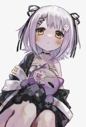 Rule 34 | 1girl, :o, black choker, black ribbon, blush, choker, collarbone, eyepatch, ghost hair ornament, hair ornament, hair ribbon, hairclip, heart, heart eyepatch, light purple hair, looking at viewer, open mouth, plum0o0, ribbon, shinomiya runa, shinomiya runa (1st costume), short hair, simple background, single bare shoulder, sitting, two side up, virtual youtuber, vspo!, white background, x hair ornament, yellow eyes