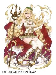 Rule 34 | 1girl, ahoge, akashic re:cords, belt, blonde hair, boots, braid, breasts, brown eyes, brown skirt, cleavage, clothing cutout, detached sleeves, dress, hair between eyes, hand up, holding, holding clothes, holding dress, holding weapon, large breasts, laurel crown, long hair, long sleeves, looking at viewer, navel, navel cutout, pleated skirt, polearm, red dress, sailor collar, simple background, single braid, sitting, skirt, solo, thigh boots, thighhighs, trident, very long hair, wavy hair, weapon, white background, white footwear, white thighhighs, yaman (yamanta lov)
