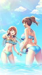 Rule 34 | 2girls, :d, absurdres, adjusting hair, ass, back, ball, bare arms, bare shoulders, beachball, bikini, black ribbon, blue bikini, blue eyes, blue sky, breasts, brown eyes, brown hair, collarbone, commentary request, day, eye contact, frilled bikini, frills, gluteal fold, hair ribbon, highres, holding, holding ball, idolmaster, idolmaster million live!, layered bikini, lens flare, long hair, looking at another, low twintails, medium breasts, multiple girls, nanaran, navel, ocean, open mouth, outdoors, ponytail, purple ribbon, ribbon, satake minako, scrunchie, short hair, short ponytail, side-tie bikini bottom, sideways mouth, sky, small breasts, smile, stomach, sunlight, swimsuit, tanaka kotoha, twintails, wading, water, wrist scrunchie