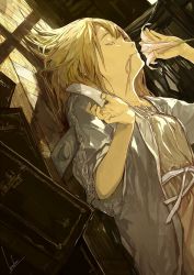 Rule 34 | 1girl, blonde hair, book, dutch angle, closed eyes, flower, hair in own mouth, highres, holding, holding flower, lily (flower), loundraw, lying, on back, original, short hair, signature, solo, wooden floor