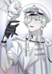 Rule 34 | 1boy, :d, aiguillette, animal, bird, bird on hand, black gloves, bracelet, cape, clothed animal, cropped jacket, dress shirt, earrings, gem (symbol), gloves, gradient background, grey eyes, hair over one eye, half gloves, hands up, hat, highres, holostars, jacket, jewelry, jyako (utsugi uyu), looking at animal, male focus, momiage 40, multicolored hair, official alternate costume, open mouth, peaked cap, pigeon, pink background, pink hair, purple hair, shirt, short hair, short sleeves, side cape, single earring, smile, solo, streaked hair, teeth, upper body, upper teeth only, utsugi uyu, virtual youtuber, white background, white cape, white hair, white hat, white jacket, white shirt