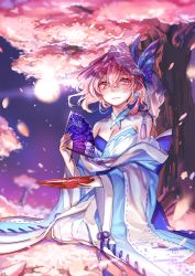 Rule 34 | 1girl, absurdres, bare shoulders, breasts, bug, butterfly, cherry blossoms, cleavage, cup, hand fan, folding fan, full moon, highres, bug, japanese clothes, kimono, looking at viewer, medium breasts, moon, night, night sky, outdoors, pink eyes, pink hair, saigyouji yuyuko, sakazuki, sitting, sky, smile, solo, tis (shan0x0shan), touhou, tree, veil