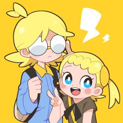 Rule 34 | 1boy, 1girl, ahoge, bag, blonde hair, blue eyes, blush stickers, bonnie (pokemon), brother and sister, child, clemont (pokemon), creatures (company), frown, game freak, glasses, jumpsuit, moyori, nintendo, opaque glasses, open mouth, pokemon, ponytail, siblings, side ponytail, simple background, smile, standing, v, yellow background
