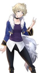 Rule 34 | 1girl, absurdres, ahoge, black choker, black footwear, black pants, blonde hair, blue eyes, blue jacket, boots, choker, collarbone, commentary request, cropped jacket, fake tail, feet out of frame, fire emblem, fire emblem engage, fur-trimmed jacket, fur trim, grin, highres, jacket, leggings, long sleeves, looking at viewer, merrin (fire emblem), nintendo, official alternate costume, open clothes, open jacket, pants, purple shirt, shirt, short hair, shou illust, simple background, smile, solo, standing, tail, thighs, white background, wolf tail
