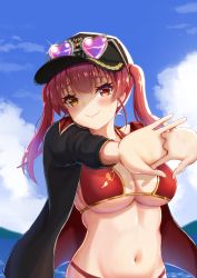 Rule 34 | 1girl, bikini, black jacket, blue sky, blush, breasts, closed mouth, eyewear on headwear, hat, head tilt, heart, heart-shaped eyewear, heterochromia, highres, hololive, houshou marine, houshou marine (summer), iva23 iva23, jacket, large breasts, lips, long hair, navel, outstretched arms, own hands clasped, own hands together, red bikini, red eyes, red hair, shaded face, shadow, sky, smile, solo, stretching, sunglasses, sunlight, swimsuit, twintails, upper body, virtual youtuber, yellow eyes