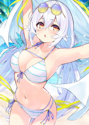 Rule 34 | 1girl, armpits, arms up, bare shoulders, bikini, breasts, cleavage, collarbone, commentary request, cowboy shot, cu-no, eyewear on head, front-tie bikini top, front-tie top, halterneck, hisen kaede, holding, large breasts, long hair, looking at viewer, multi-strapped bikini, navel, orange eyes, parted lips, rapua qive, round eyewear, side-tie bikini bottom, solo, stomach, string bikini, striped bikini, striped clothes, sunglasses, swimsuit, thighs, tinted eyewear, towel, very long hair, white bikini, white hair