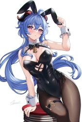 Rule 34 | 1girl, ahoge, alternate costume, animal ears, arm support, arm up, artist name, bare arms, bare shoulders, bell, black leotard, breasts, brown pantyhose, cleavage, clothing cutout, cokecoco, covered navel, detached collar, fake animal ears, frilled cuffs, frills, ganyu (genshin impact), genshin impact, goat horns, heart cutout, highleg, highleg leotard, highres, holding, holding ear, horns, large breasts, leaning to the side, leotard, looking at viewer, neck bell, pantyhose, parted lips, playboy bunny, purple eyes, rabbit ears, side-tie leotard, signature, simple background, sitting, solo, stool, thigh strap, white background, white wrist cuffs, wrist cuffs