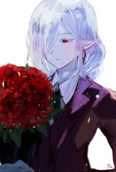 Rule 34 | 1girl, alternate costume, arknights, artist name, bouquet, commentary, flower, formal, gladiia (arknights), grey hair, hair over one eye, highres, jacket, one eye covered, pointy ears, red eyes, rose, simple background, solo, suit, suit jacket, suu sokabe, upper body, white background