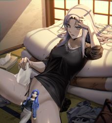 Rule 34 | 1girl, after masturbation, bottomless, censored, clothes, collarbone, fate (series), figure, futon, highres, indoors, looking down, medea (fate), navel, parted lips, purple eyes, purple hair, pussy juice, rasupekuto, sleeves rolled up, solo, spread legs, sweat, tissue, tissue box