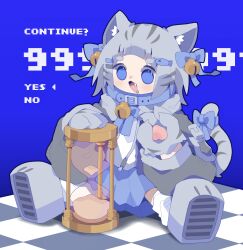 Rule 34 | 1girl, :3, absurdres, animal ears, animal hands, bell, black jacket, blue background, blue bow, blue collar, blue eyes, blue skirt, blush, boots, bow, cat ears, cat girl, cat tail, checkered floor, claws, collar, commentary request, continue, drooling, fang, fish hair ornament, full body, gloves, grey footwear, grey fur, grey gloves, grey hair, hair bow, hair ornament, hands up, highres, hikimayu, hourglass, jacket, long sleeves, multiple hair bows, neck bell, nikamoka, open clothes, open jacket, open mouth, original, outstretched legs, pawpads, pixel text, puffy long sleeves, puffy sleeves, shirt, simple background, sitting, skirt, smile, solo, spread legs, tail, tail bow, tail ornament, white shirt