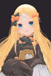 Rule 34 | 1girl, abigail williams (fate), absurdres, bandages, blonde hair, bow, fate/grand order, fate (series), hair bow, highres, long hair, open mouth, parted bangs, purple background, simple background, sleeves past wrists, solo, stuffed animal, stuffed toy, teddy bear, zhouqinguaishou