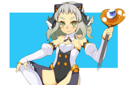 Rule 34 | 1girl, arc system works, bare shoulders, bell, black thighhighs, bridal gauntlets, chaos code, collar, cthylla, eyebrows, fk digital, flat chest, gloves, green eyes, grey hair, grin, hair ribbon, heart, oza watto, ribbon, sitting, smile, solo, staff, thick eyebrows, thighhighs