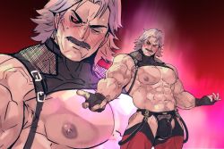 Rule 34 | 1boy, alternate hair color, bara, bare pectorals, black sclera, blush, bulge, chest harness, close-up, colored sclera, cowboy shot, facial hair, glowing, glowing eye, gradient background, harness, large pectorals, male focus, male pubic hair, muscular, mustache, navel hair, nipples, one eye closed, open hands, pectorals, pubic hair, red eyes, rugal bernstein, rybiok, short hair, snk, solo, the king of fighters, veins