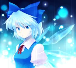 Rule 34 | 1girl, :t, bad id, bad pixiv id, blue eyes, blue hair, cirno, dress, embodiment of scarlet devil, female focus, gradient background, hanjuku tomato, matching hair/eyes, pout, short hair, solo, touhou, upper body, wings