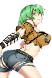 Rule 34 | 10s, 1girl, arched back, ass, back, belt, blush, breasts, crop top, denim, denim shorts, earrings, green hair, hikage (senran kagura), holster, jewelry, jonylaser, knife, large breasts, looking back, midriff, off shoulder, parted lips, senran kagura, short hair, short shorts, shorts, solo, torn clothes, yellow eyes