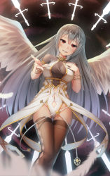 Rule 34 | 1girl, argyle, argyle clothes, argyle legwear, black thighhighs, blush, bracelet, breasts, clothing cutout, commentary request, dark background, feathers, feet out of frame, fingernails, glowing, glowing weapon, gluteal fold, grey hair, hand on own chest, highleg, highleg leotard, highres, jewelry, leotard, long fingernails, long hair, medium breasts, navel, navel cutout, original, outstretched hand, parted lips, red eyes, shoron, short sleeves, smile, solo, standing, straight hair, sword, thigh gap, thighhighs, underbust, very long hair, weapon, white leotard