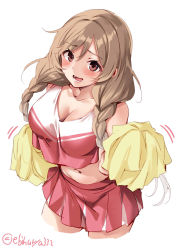 Rule 34 | 1girl, blush, braid, breasts, brown eyes, cheerleader, cowboy shot, crop top, crop top overhang, ebifurya, highres, holding, holding pom poms, kantai collection, large breasts, light brown hair, long hair, looking at viewer, midriff, minegumo (kancolle), miniskirt, navel, one-hour drawing challenge, open mouth, pleated skirt, pom pom (cheerleading), skirt, sleeveless, smile, solo, twin braids, twitter username, white background