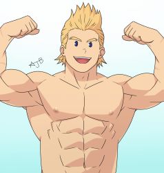 Rule 34 | 1boy, :d, ajb11, bara, biceps, blonde hair, blue eyes, boku no hero academia, double biceps pose, flexing, highres, looking at viewer, male focus, muscular, muscular male, nipples, nude, open mouth, pectorals, short hair, smile, solo, spiked hair, togata mirio, upper body