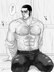 Rule 34 | 1boy, bara, bare pectorals, blush, chest hair, facial hair, golden kamuy, greyscale, highres, jo tuesday19, large pectorals, male focus, monochrome, muscular, muscular male, navel hair, open clothes, open shirt, pants, pectorals, shirt, short hair, sideburns, sitting, solo, tanigaki genjirou, translation request
