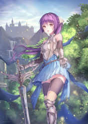 Rule 34 | 1girl, armor, artist name, bare shoulders, belt, black thighhighs, blue dress, breastplate, detached sleeves, dress, feet out of frame, gauntlets, hair between eyes, highres, la campanella, long hair, looking at viewer, open mouth, original, pleated skirt, purple hair, reaching, reaching towards viewer, red eyes, skirt, smile, solo, sword, thighhighs, weapon