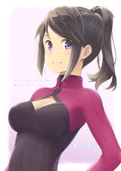 Rule 34 | 1girl, alice gear aegis, black hair, blush, bodysuit, border, breasts, character request, cleavage, cleavage cutout, closed mouth, clothing cutout, commentary request, errant, highres, long hair, looking at viewer, medium breasts, outside border, ponytail, purple background, purple bodysuit, purple eyes, sidelocks, simple background, smile, solo, swept bangs, translation request, upper body, white border
