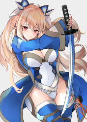 Rule 34 | 1girl, protagonist (pso2), blonde hair, blue jacket, blue thighhighs, breasts, brown gloves, cleavage, closed mouth, commentary request, commission, covered navel, cowboy shot, cropped jacket, fingerless gloves, gloves, hair between eyes, headgear, highleg, highleg leotard, highres, holding, holding sheath, holding sword, holding weapon, jacket, katana, large breasts, leotard, long hair, long sleeves, looking at viewer, numako (pizza kanon), original, phantasy star, phantasy star online 2, pointy ears, red eyes, second-party source, sheath, shrug (clothing), simple background, skeb commission, smile, solo, sword, thighhighs, unsheathed, valgiris, waist cape, weapon, white background, white leotard, wide sleeves, yudetama