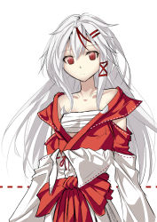 Rule 34 | 1girl, bare shoulders, borrowed character, chinese zodiac, collarbone, grey hair, highres, i.takashi, japanese clothes, long hair, looking at viewer, miko, multicolored hair, off shoulder, original, red hair, streaked hair, white background, white hair, year of the rooster