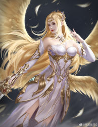 Rule 34 | 1girl, absurdres, angel wings, armor, armored dress, bare shoulders, black background, blonde hair, blue eyes, choker, douluo dalu, dress, feathers, hair ornament, highres, long hair, qian renxue (douluo dalu), smile, solo, sword, upper body, weapon, white dress, wings, yue luo xing he q