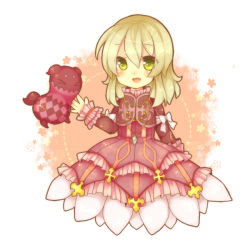 Rule 34 | &gt; &lt;, 1girl, blonde hair, bow, creature, cropped jacket, dress, elize lutus, closed eyes, frills, green eyes, jewelry, pendant, ribbon, short hair, smile, suzuna951031, suzuna (mark of luck), tales of (series), tales of xillia, teepo (tales)