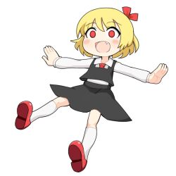 Rule 34 | 1girl, black skirt, black vest, blonde hair, blush, collared shirt, commentary, cookie (touhou), fang, flat chest, full body, hair ribbon, hospital king, long sleeves, looking at viewer, medium bangs, nadeko (cookie), necktie, open mouth, outstretched arms, red eyes, red footwear, red necktie, red ribbon, ribbon, rumia, shirt, short hair, simple background, skirt, skirt set, smile, socks, solo, spread arms, touhou, transparent background, vest, white shirt, white socks