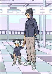 Rule 34 | 2boys, absurdres, abyff14, beanie, black hair, black headwear, black shirt, black tail, blush, brown pants, cat boy, cat tail, child, green eyes, hat, height difference, highres, indoors, long hair, long sleeves, luo xiaohei, luo xiaohei (human), luo xiaohei zhanji, matching outfits, multiple boys, pants, shirt, shoes, short hair, standing, tail, white footwear, white hair, wide shot, wuxian (the legend of luoxiaohei)