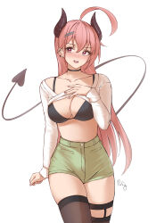 Rule 34 | 1girl, absurdres, black choker, blush, breasts, brown thighhighs, choker, cleavage, clothes lift, collarbone, cowboy shot, demon girl, demon horns, demon tail, ear piercing, green shorts, hand on own chest, high-waist shorts, highres, horns, long hair, long sleeves, looking at viewer, medium breasts, nose blush, original, parfait desu, parfy (parfait ehmy), piercing, pink hair, shirt, shirt lift, short shorts, shorts, simple background, solo, standing, stomach, tail, tail raised, thighhighs, thighs, white background, white shirt