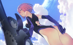 Rule 34 | 1girl, ass, bare shoulders, cloud, day, elbow gloves, fate/grand order, fate (series), from below, gloves, leotard, light purple hair, looking at viewer, looking back, mash kyrielight, outdoors, parted lips, purple eyes, ryota-h, shield, short hair, sky, solo, thighs, thong leotard