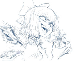 Rule 34 | 1girl, cirno, evil grin, evil smile, fangs, grin, ice, ice wings, monochrome, open mouth, short hair, sketch, smile, snowflakes, solo, spacezin, touhou, wings