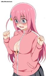 Rule 34 | 1girl, absurdres, black skirt, blue eyes, blush, bocchi the rock!, box wonderland, breasts, cleavage, cube hair ornament, gotoh hitori, hair ornament, highres, jacket, large breasts, long hair, long sleeves, looking down, one side up, open mouth, pink hair, pink jacket, shaded face, skirt, solo, straight hair, twitter username, wardrobe malfunction, wavy mouth