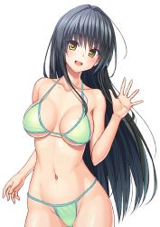 Rule 34 | 1girl, :d, arm at side, bare arms, bare shoulders, bikini, blush, breasts, cleavage, collarbone, fuchitoro, green bikini, groin, head tilt, kotegawa yui, long hair, looking at viewer, medium breasts, navel, open mouth, palms, smile, solo, stomach, strap gap, swimsuit, to love-ru, very long hair, waving, yellow eyes
